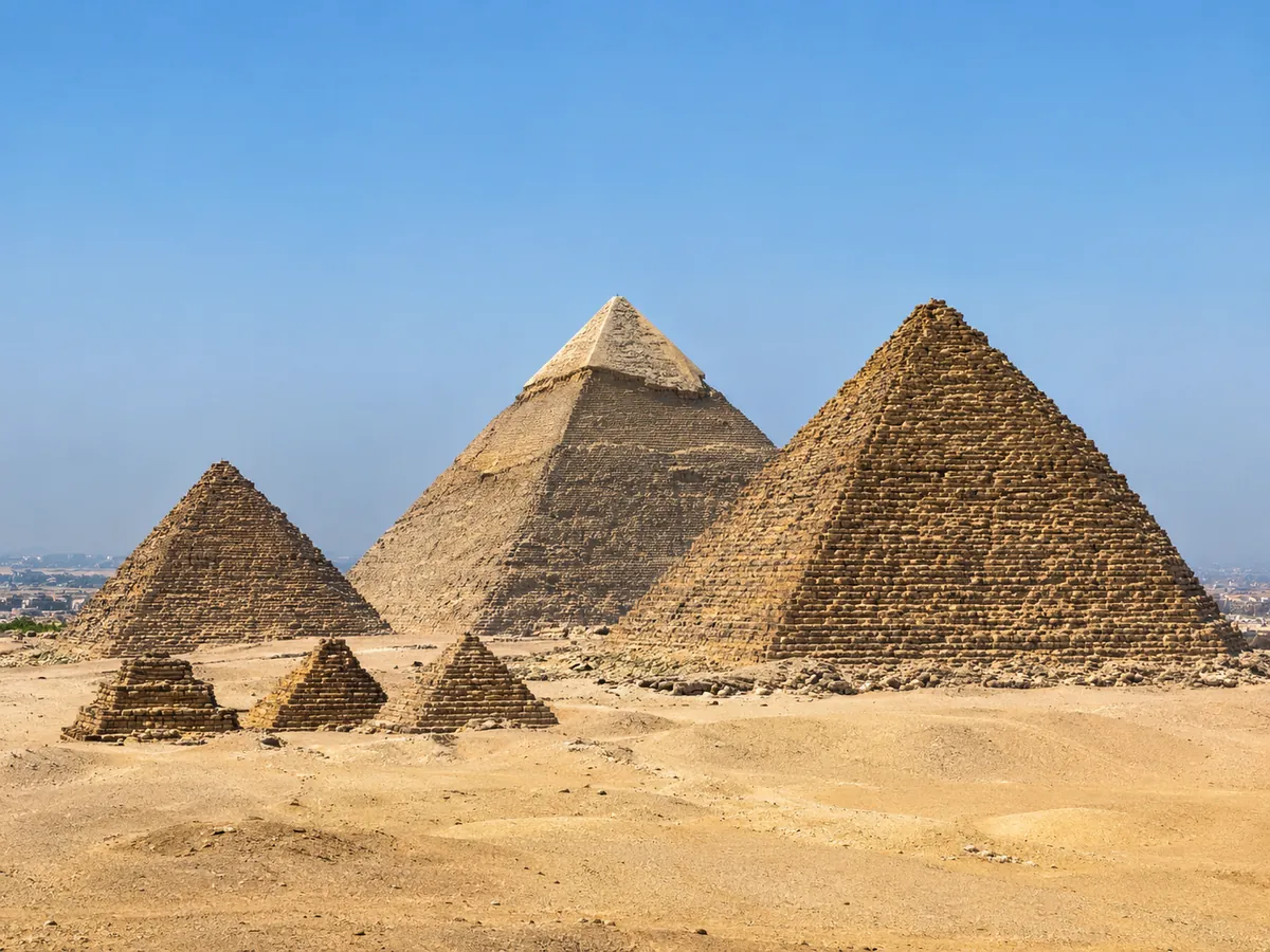 The three Giza pyramids and the small queens' pyramids seen from the desert Panorama viewpoint