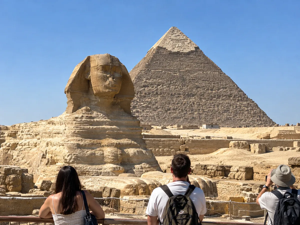 Visitors on the viewing terrace in front of the Great Sphinx with the pyramid of Khafre behind